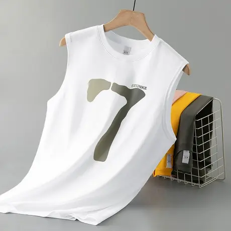 纯棉背心男潮夏季宽松运动篮球健身跨栏全棉无袖t恤白色坎肩汗衫商品大图