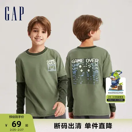 【断码优惠】Gap男童春秋纯棉假两件长袖T恤儿童装微弹上衣736017商品大图