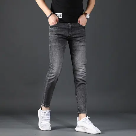 九分牛仔裤男春秋季修身小脚裤2022年新款黑灰色潮流男士裤子9分商品大图