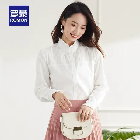 【纯棉】罗蒙女士长袖衬衫2024春季新款商务百搭花边立领气质衬衣图片