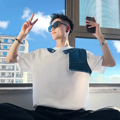 假两件短袖t恤男夏季潮牌个性痞帅半袖男装T恤重磅拼接体恤半截袖商品大图