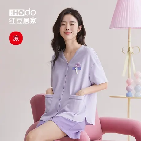 红豆凉感棉夏季短袖睡衣女华夫格开衫休闲套装可外穿家居服薄款商品大图