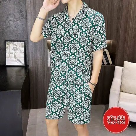 短裤男夏季潮流薄款冰丝休闲五分裤ins痞帅宽松男款花短袖一套装商品大图