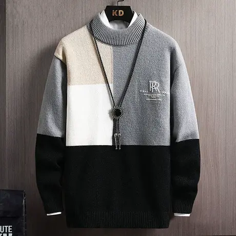 半高领毛衣男士韩版潮流拼色针织衫男秋冬季加厚保暖宽松线衣外套商品大图