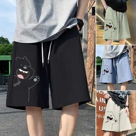 夏季冰丝休闲短裤男潮牌宽松运动五分居家直筒大码速干沙滩裤子薄商品大图