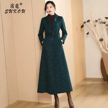 2023春装 季新款 墨绿色印花 大衣女过膝时尚修身女长款 风衣外套商品大图