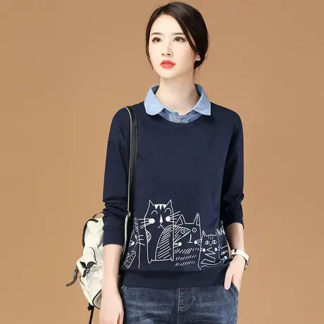韩潮袭人卡通印花假两件长袖套头女士卫衣2023年新款秋季宽松上衣商品大图