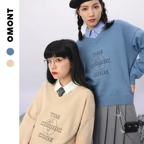 omont蛋挞家复古v领套头毛衣女2021年新款秋冬外穿宽松慵懒风上衣商品大图