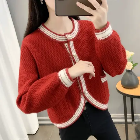 圆领小香风毛衣外套女2023春秋新款宽松外穿上衣亮丝短款针织开衫商品大图