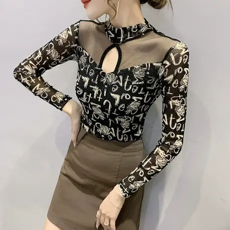 性感镂空网纱T恤女长袖2023春秋新款内搭加绒打底衫复古气质上衣图片