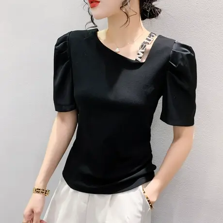 女装2023新款时尚泡泡袖T恤洋气别致修身小衫设计感网红上衣短袖图片