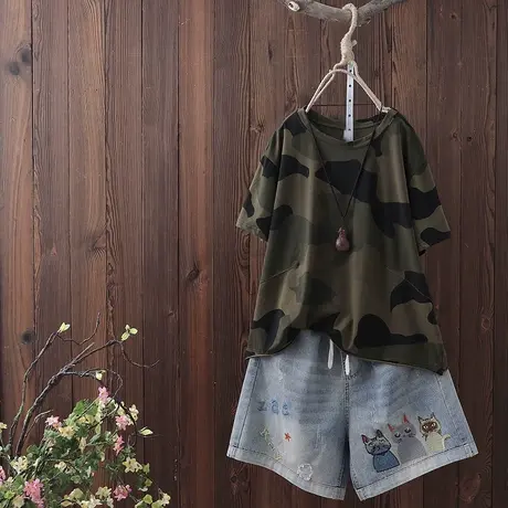 文艺拼接圆领迷彩短袖t恤女夏季新款宽松休闲上衣套头半袖体恤衫商品大图