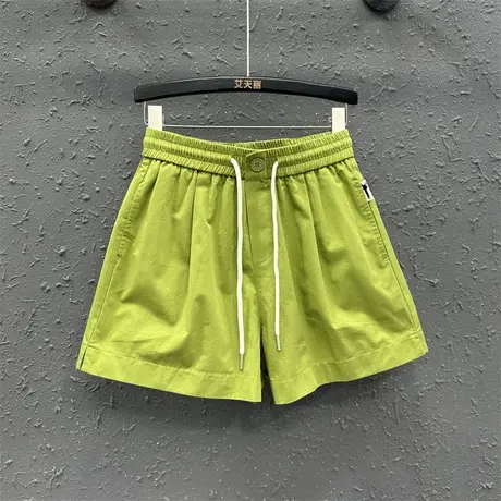 绿色松紧腰系带休闲洗水棉短裤女欧货潮夏季新款宽松a字阔腿热裤图片