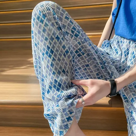 冰丝褶皱阔腿裤女夏季薄款高腰垂感直筒宽松设计感印花休闲拖地裤商品大图