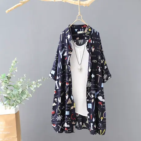 2023夏季新款中长款印花沙滩防晒衬衫女短袖宽松外出薄开衫外套潮商品大图