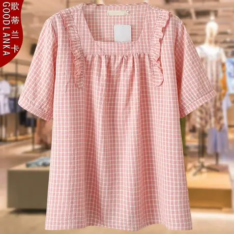 短袖格子小衫夏季薄款妈妈棉上衣时尚加肥加大码女装一字领纯T恤商品大图
