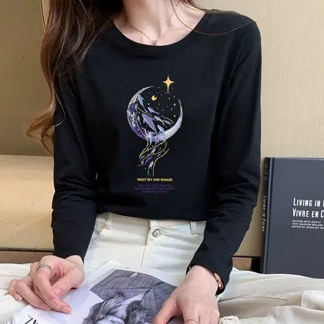 2023新款长袖T恤女宽松显瘦黑色打底衫春秋款内搭圆领遮肉上衣潮图片