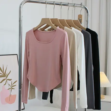 小蛮腰设计感~修身短款方领t恤女春长袖打底衫短袖上衣瑜伽舞蹈服商品大图