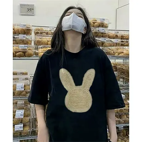 纯棉宽松大码设计感小众美式复古上衣夏季2023新款黑色短袖t恤女图片