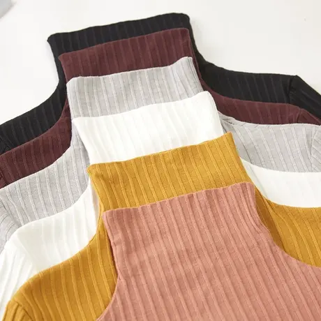 秋冬季高领堆堆领一体领修身内搭长袖打底衫纯色螺纹坑条上衣女装商品大图