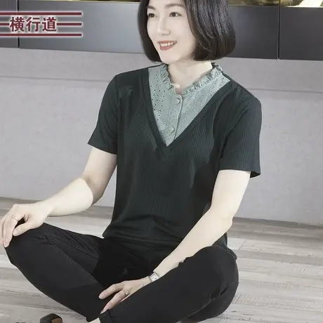 2023新款夏装假两件木耳边撞色拼接宽松短袖T恤女装简约韩版大码商品大图