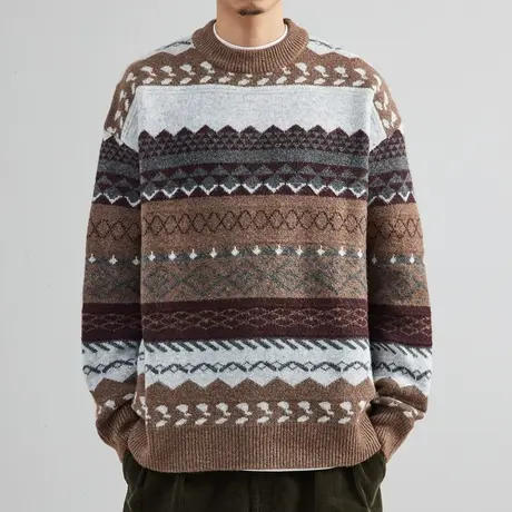 奕飏民族风撞色提花毛衣男2022冬新款潮宽松套头针织衫加厚毛线衫图片