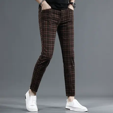 高端格纹休闲裤男2023夏季新款潮牌潮流修身小脚弹力薄款男士裤子商品大图