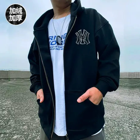 oversize春秋款宽松简约大码男士装连帽加绒加厚拉链开衫卫衣外套商品大图