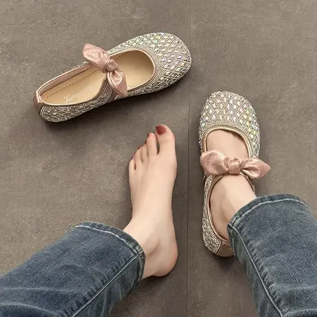 鞋子女新款2023年爆款春秋小众高级感少女法式复古蝴蝶结水钻单鞋图片