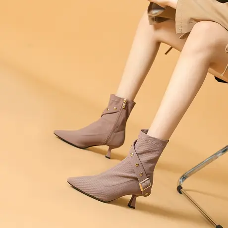 2022年秋冬新款性感马丁靴女细跟时尚尖头短靴显瘦百搭高跟瘦瘦靴图片