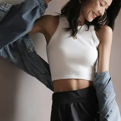 大码胖mm纯色吊带背心女夏季修身显瘦短款上衣设计感辣妹风打底衫商品大图