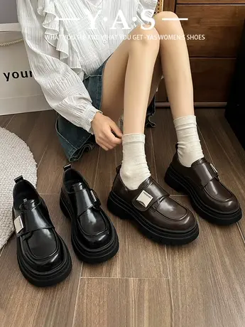 厚底小皮鞋女2024春季新款百搭英伦风乐福鞋松糕增高棕色复古单鞋商品大图