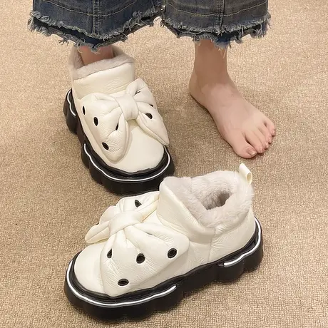 冬季棉拖鞋女款室内外穿可爱蝴蝶结加绒加厚保暖防水厚底包跟棉鞋图片