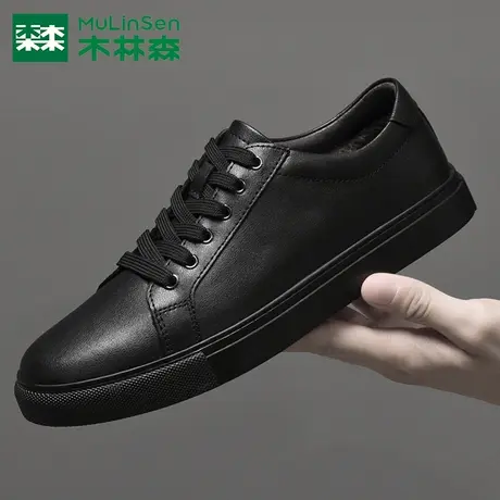 木林森男鞋潮流小白皮鞋2023新款秋冬季加绒棉鞋男士软底休闲板鞋商品大图