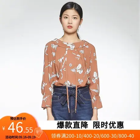 艾格夏季新款时尚百搭洋气圆领印花长袖喇叭袖衬衫女士Z405商品大图
