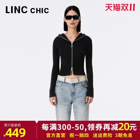 LINCCHIC金羽杰针织开衫女2023年秋新款修身动感翻领连帽中长外套商品大图
