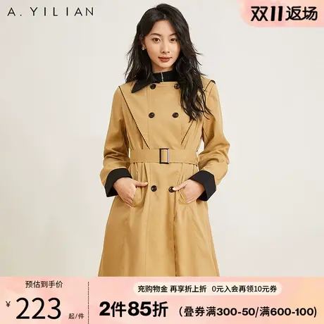 阿依莲冬季新款风衣外套女时尚休闲撞色显瘦收腰中长款大衣B3图片