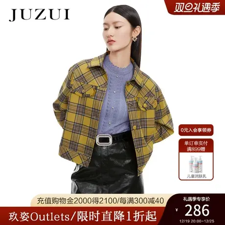 JUZUI玖姿奥莱春秋新款黄色格纹潮流休闲利落帅气时尚短款女外套商品大图