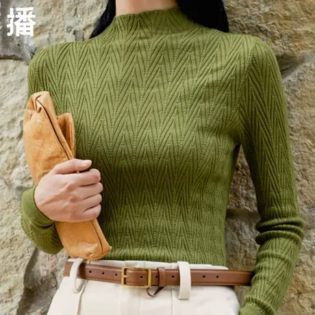 播半高领毛针织衫女2023秋季新款上衣修身短款羊毛毛衣DDP4SD4571商品大图