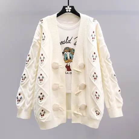 复古刺绣牛角扣毛衣外套女秋冬2023年新款宽松慵懒风洋气针织开衫图片