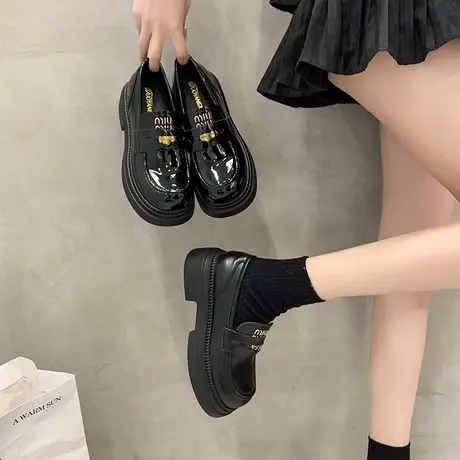 高级感乐福鞋女2024年春秋季新款黑色粗跟单鞋厚底增高英伦小皮鞋图片