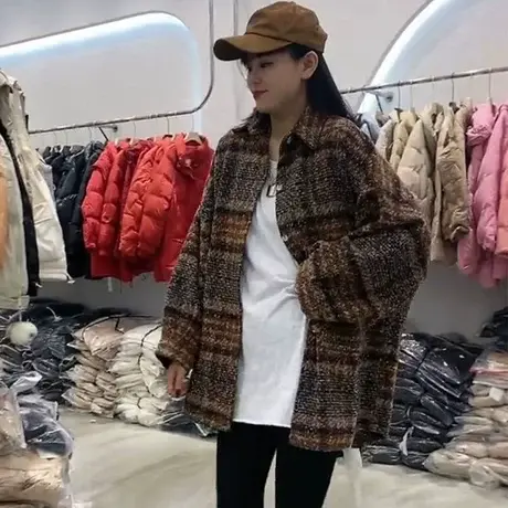 女士格子毛呢外套女秋冬季加厚宽松百搭2023年新款休闲磨毛衬衫商品大图