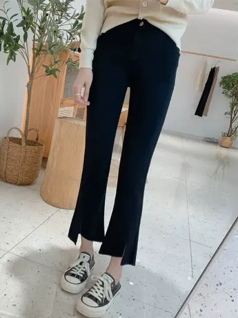 春秋季黑色微喇叭牛仔裤女修身百搭不规则设计感显高开叉铅笔裤子商品大图