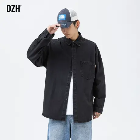DZH男士休闲痞帅牛仔衬衫男长袖秋季情侣装2023新款黑色衬衣外套商品大图