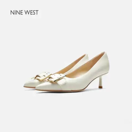 Nine West/玖熙尖头单鞋女皮带扣2025夏季新款白色女浅口羊皮单鞋图片
