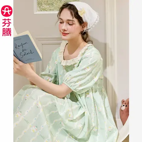 芬腾睡裙女夏季新款短袖睡衣裙可爱布朗熊甜美休闲大码家居裙中裙图片