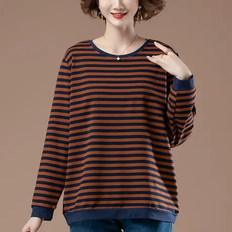 长袖t恤女春秋季加肥加大码女装宽松中年妈妈纯棉显瘦条纹打底衫商品大图