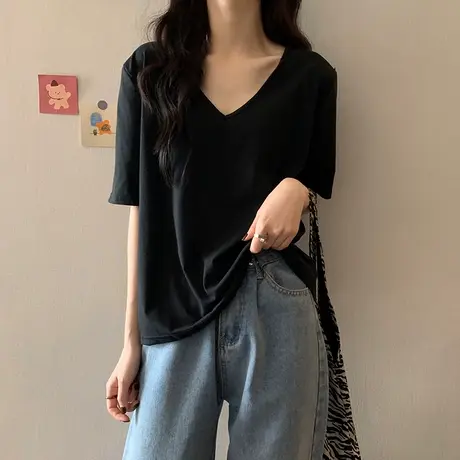 cec超火v领t恤女夏宽松纯棉正肩大码短袖黑色高级感ins潮小众上衣商品大图