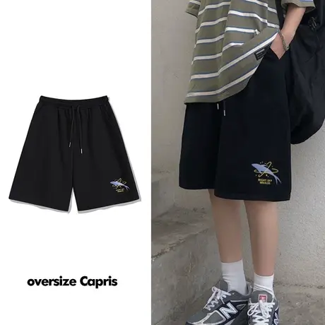 夏款薄款大码短裤女ins潮酷印花抽绳宽松五分裤港味休闲chic中裤图片