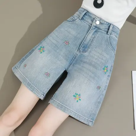 国风刺绣直筒牛仔短裤女夏季薄款高腰阔腿百搭显瘦a字五分中裤子图片